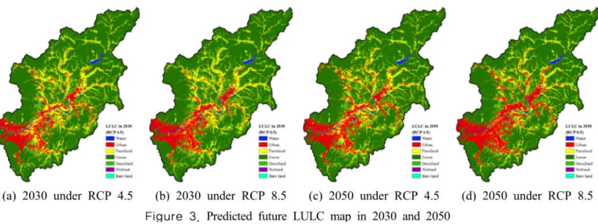 Table 2. Areas of future LULC under RCP 4.5 and 8.5 scenarios (unit: km2). Figures in brackets represent future  LULC class change (%) compared to 2000 LULC