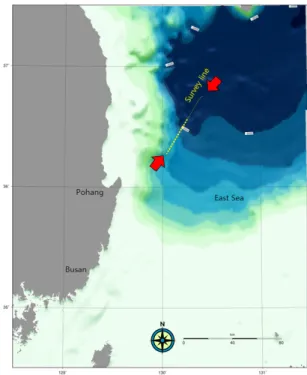 Fig. 1. Area map of Ulleung Basin and seismic survey line  for migration. Dashed line indicates the segment with migration  applied.