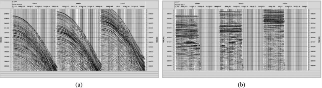 Fig. 6. Examples of (a) CDP gathers and (b) NMO corrected CDP gathers at the number of CDP 5000, 6000 and 7000