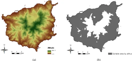 Fig. 6. Suitability analysis of altitude criteria. (a) DEM. (b) Suitable area within altitude 492 m.