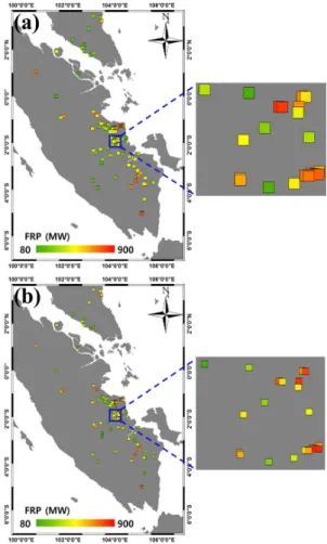 Figure  3.  FRP  comparisons  between  the  values  retrieved  using  Himawari  and  extracted  from  MODIS  products