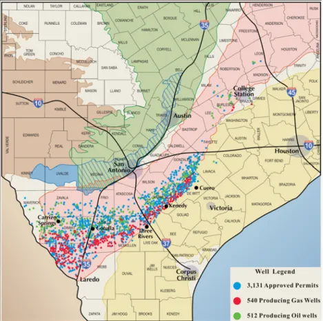 Fig. 1. Well distributions on the Eagle Ford Shale in southwest Texas (modified from Hunt, 2012).ؒق३ɾʼ϶, يşԴԦԓʼəԵڮəعüॢۆйͿ҃؉ Օێ١ێۋ͆ş҃ɰə ࠘н١ێ(tight oil)ق ३ɾʽɰ(Mills, 2008)