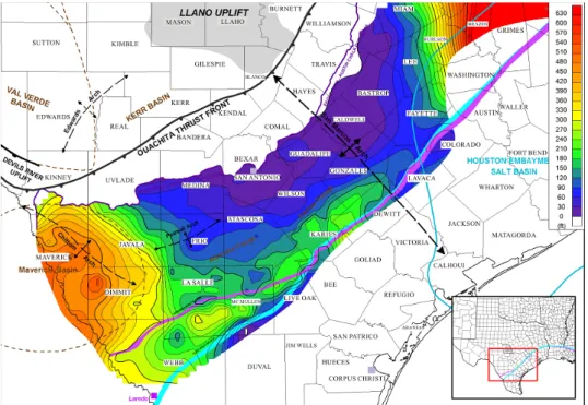 Fig. 6. TOC map of the Eagle Ford Shale. Note a high TOC  values in the lower Eagle Ford Shale (Modified from Cardneaux, 2010)