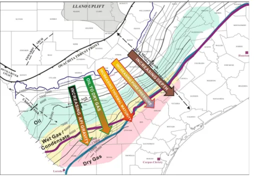 Fig. 8. Maturity trend and southeastward changes in physical properties of the Eagle Ford Shale in response to an increase  in burial depth