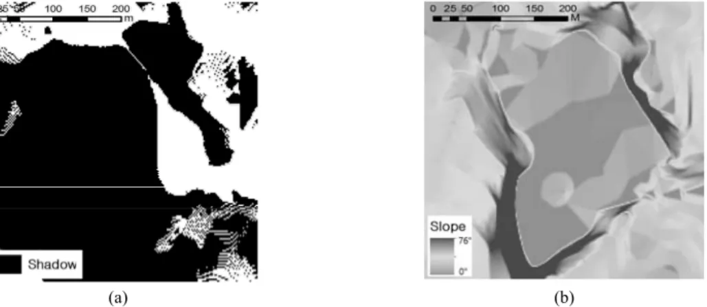 Fig. 6. Topographical analysis of the Sungsan mine (a) Shadow map (b) Slope map.