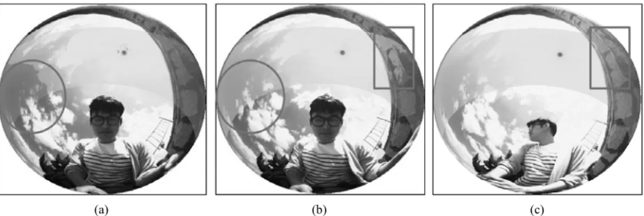 Fig. 2. Fisheye-lens images captured by using three different modes (a) Normal (b) Clouds and blue sky (c) Shaded.