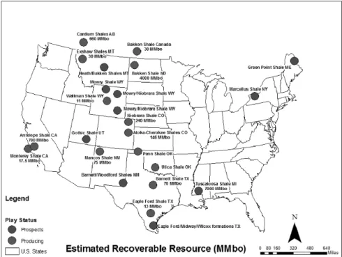 Fig. 1. Shale oil play in North America (NPC, 2011).균열 및 공극 내에 보존되어 있거나, 셰일층 상하부 혹은 셰일층 내에 분포하는 얇은 사암,  규질암,  백운암,  또는 석회암 층에 부존되어 있는 오일을 말한다