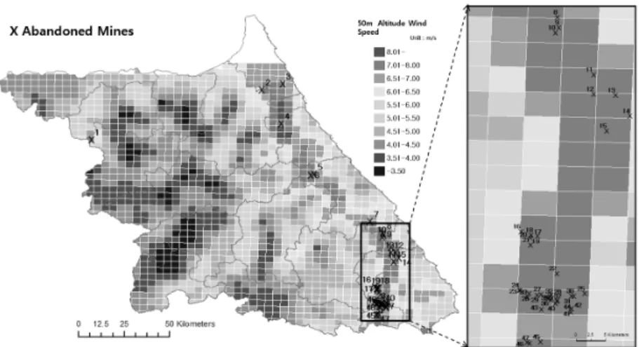 Fig. 5. Comparison of annual gross energy production  (MWh) at 5 representative abandoned mines with 50m  altitude wind speed in the Kangwon province (image  source: KIER, https://www.kredc.net).