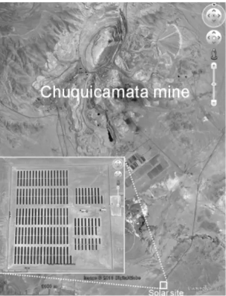 Fig. 1. Aerial view of tailings area and solar site in the  Chevron Questa mine, NM, USA (image source: Bing  Maps, http://www.bing.com/maps).