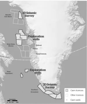 Fig. 7. Location of exploration wells in Greenland (Cairn  Energy, 2013).송,  북극 지역의 해저시추와 기술개발,  북극해의 실시간 모니터링 및 환경보호 등의 내용을 포함하고 있으며,  북극 지역의 사업 확대를 장려하고 있다(MFA, 2006)