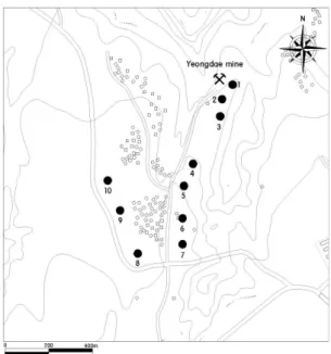 Fig. 1. Sampling location map around the Yeongdae mine.는 휴․폐광산에 대한 정밀조사 결과,  광산폐기물 및 광산주변에 있는 농경지 토양의 80%  이상이 비소 또는 중금속으로  오염된  것으로  조사되었다(KMOE, 2005)