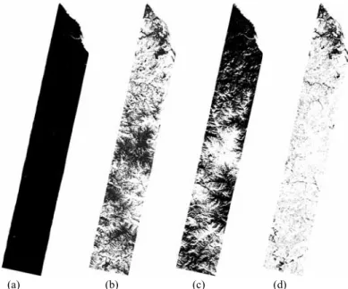 Fig. 5. Study area subsetting using masks for water, vegetation and snow areas: (a) NDWI thresholding, (b) NDVI and  (c) NDSI thresholding on water masked area, and (d) study area subsetted with all masks.