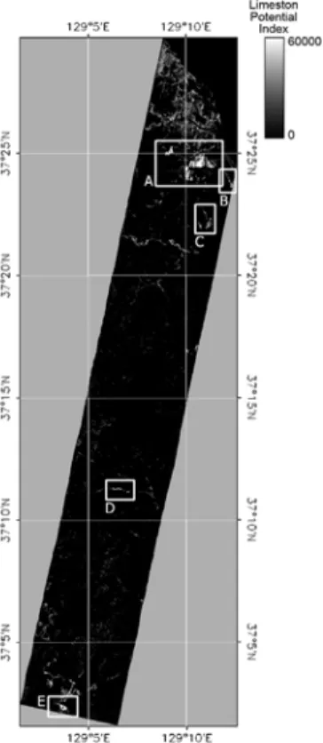 Fig. 7. Limestone potential mapping result using limestone  potential index: A indicates limestone open-pit mines, B  indicates exposed rocks and soils for road construction, C  indicates limestone open-pit mines, D indicates exposed  slopes of bedrock aro