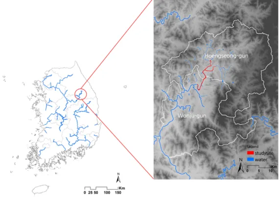 Figure 1. Study site1. 서 론하천은 구조적 기능적으로 상호작용 및 연결을 담당하는 중요한 연결경관 요소이다.  또한 코리더로서 다양한  동식물의  생육장소이자(Ward, 1999), 주변지역의 생물사회를 풍요롭게 하는데 큰 역할을 하는 공간이다(Cho, 1997)