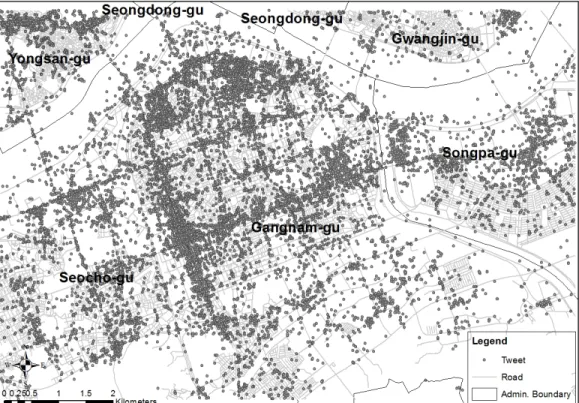 Figure 1. Tweet data in study area and administrative boundaries of district