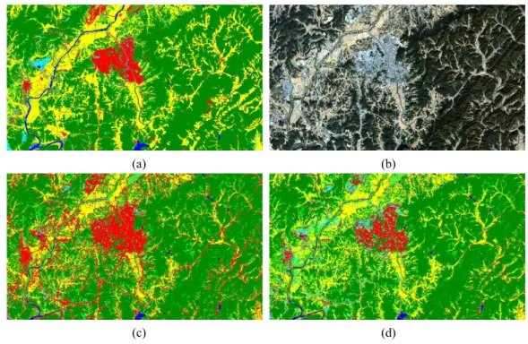 Figure  6.  Classification  results:  (a)  existing  land  cover  map,  (b)  Landsat  OLI,  (c)  SVM  result,  (d)  proposed  algorithm