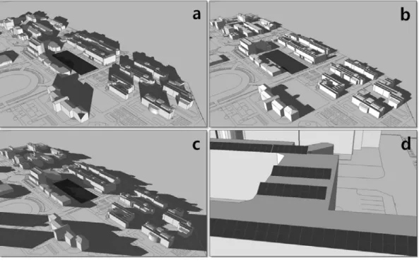 Fig. 8. Results from shadow analysis at the winter solstice: (a) 9:00 AM, (b) 12:30 PM, and (c) 4:00 PM