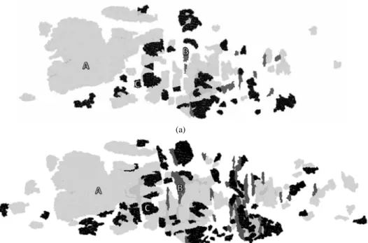 Fig. 9. Region growing of point cloud. Search distance is (a) 5 cm, (b) 10 cm.