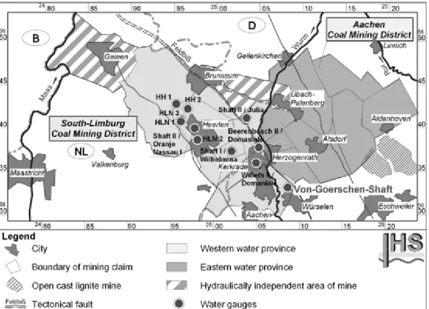 Fig. 7. Limburg  탄전 지역.  지열 조사를 위한 시추공 위치(HH1, HH2, HLN1, HLN2, HLN3)(InterregIIIB NWE).