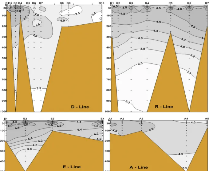 Fig. 4. Vertical distribution of dissolved oxygen (ml·L -1 ) at each study line.