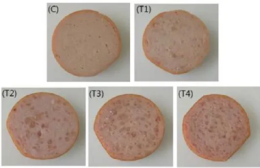 Fig. 1. Emulsion sausage with different level of pork rind (C: 0% pork rind and 20% fat; T1: 5% pork rind and 15% fat; T2: 10%