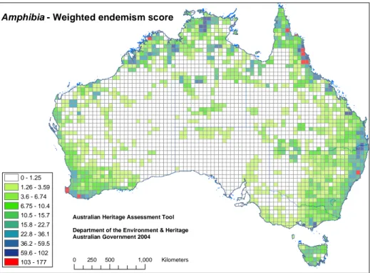 Fig. 6.  개구리 풍토성이 가장 높은 지역을 붉은색으로 표시한 호주 개구리의 풍토성 . 
