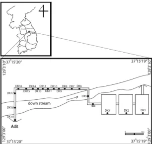Fig. 1. Sampling site in the Sama-Taejeong coal mine,  Gangwon-do. The acid mine drainages and the yellow colored  precipitate were collected in the point DK1 to DK19 (DK1; 