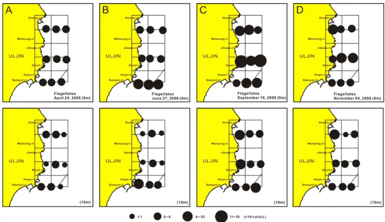 Fig. 6. Spatio-temporal variations of phytoflagellates cell density at surface and 10 m layers in the UMRA.