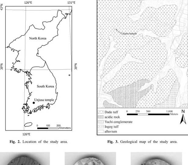 Fig. 4. Rock specimens obtained from the region of the Unjusa temple, (a) ash tuff, (b) green lapilli tuff, and (c) red  lapilli tuff.