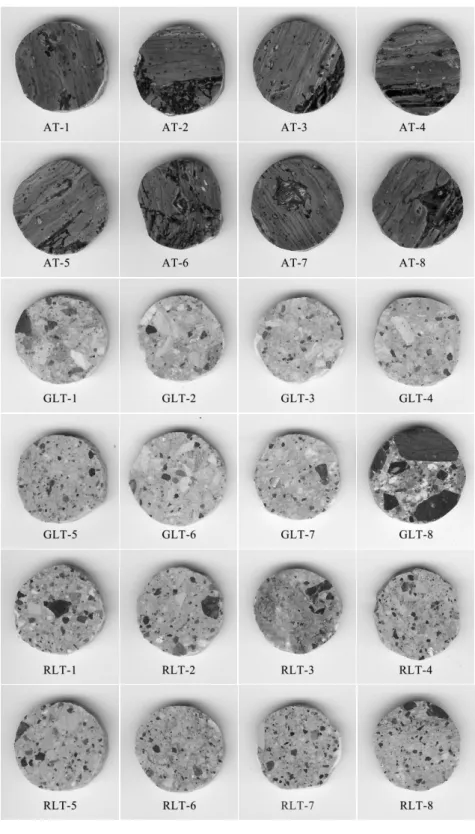 Fig. 8. Disk-shaped polished section of ash tuff (AT), green lapilli tuff (GLT) and red lapilli tuff (RLT).