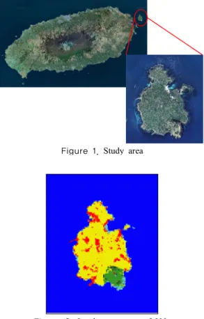 Figure 2. Land cover map of Udo (scale:1/50,000,  도엽번호:33608) 작업을 통해 제작된 지도로는 환경부에서 제작한 토지 피복지도가  있다