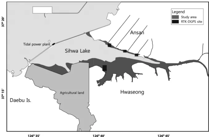 Fig. 1. A study area for analyzing an intertidal area in Lake Sihwa and sites for elevation measurement by RTK-DGPS for a calibration of extracted waterlines.