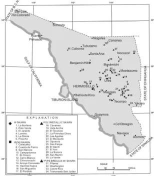 Fig. 10. Distribution of the various types of skarn deposits  and of some “pipe” breccias with tungsten mineralization.