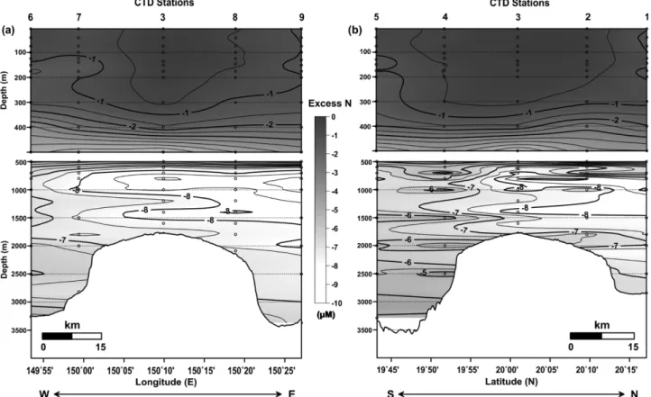 Fig. 13. Vertical distributions of Excess N in the (a) east-west line and (b) south-north line crossing the CTD sites (Contour interval is 0.5 μM in the upper and lower water column)