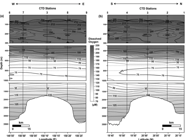 Fig. 10. Vertical distributions of dissolved oxygen in the (a) east-west line and (b) south-north line crossing the CTD sites (Contour intervals are 4 μM, 10 μM, and 5 μM in the upper, middle, and lower water column, respectively).