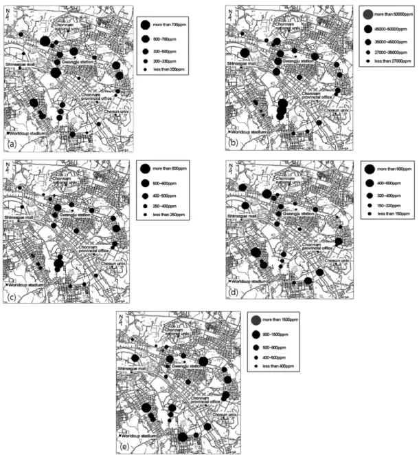 Fig. 3. Distribution of heavy metal elements concentrations in the study area. (a); Cu, (b); Fe, (c); Mn, (d); Pb, (e); Zn
