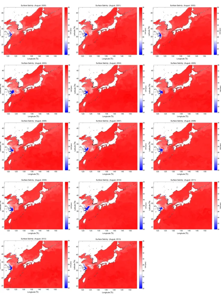 Fig. 19. Horizontal surface salinity distributions in August during 2000-2013(Seo et al.[2013]).