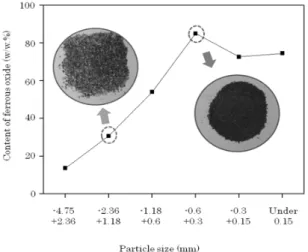 Fig. 10. Ferrous oxide content of concentrate separated by  density separation at bottom ash based on the particle size.