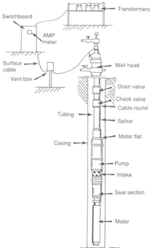 Fig. 3은 ESP를 도식한 것이다. ESP는 크게 동력원인  수중모터와 ESP에서 실질적인 펌프 역할을 하는 수중펌 프 , ESP 내에서 유체의 누수를 막기 위한 밀봉장치,  지상 장비로부터 모터까지 연결시켜주는 전력케이블로 구성되 어 있다