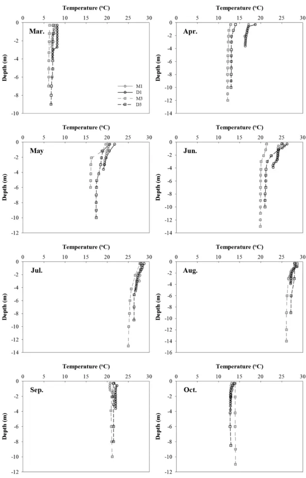 Fig. 4. Vertical profiles of temperature at river (M1, D1) and dike (M3, D3) stations in 2010.