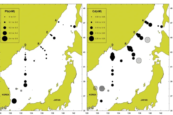 Fig. 7. Horizontal distribution of Cu and Ni concentrations in surface water of East Sea