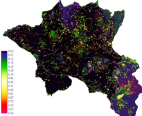 Figure 11. The ratio of land use change 것으로 분석되었다.  변화유형은 도시 중심부에 위치한  작은 산악지가 시가지나 농경지로 변화될 가능성이 큰  것으로 분석되었고,  산악지와 같이 경사도가 높은 지역 의 변화율은 낮게 나오는 것으로 확인 되었다