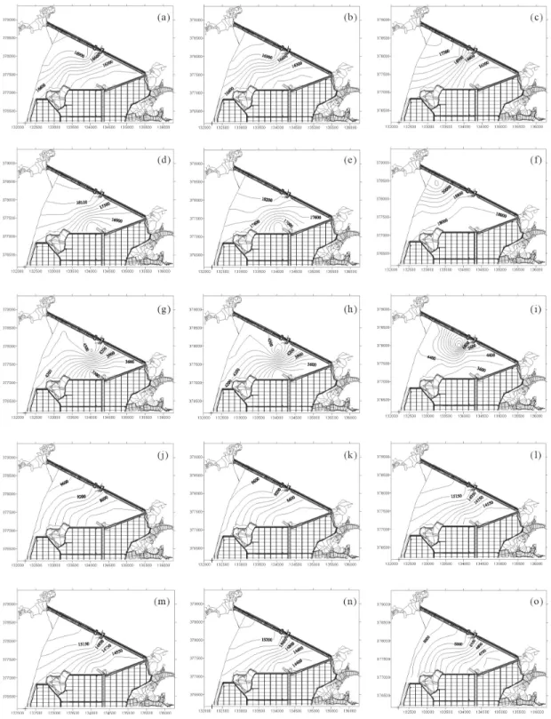 Fig. 3. Specific conductivity distributions at reservoir in the study area. Equi-lines for (a) surface in Apr., (b) 1 m depth  in Apr., (c) 2 m depth in Apr., (d) surface in Jun., (e) 1 m depth in Jun., (f) 2 m depth in Jun., (g) surface in Aug.,  (h) 1 m 