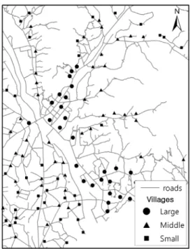 그림 2.  The distribution map of roads and villages  in the study area