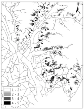 그림  6.  Suitability Index map for reforestation  CDM 4. 결론 및 고찰 본 연구에서는 위성영상자료와 GIS  공간자료를 이용 하여 북한 지역을 대상으로 재조림 CDM의 정의에 적 합한 대상지 탐지 방안을 제시하였다 