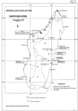 Fig. 1. Distribution map of graphite in Madagascar. Fig. 2. Distribution map of iron in Madagascar