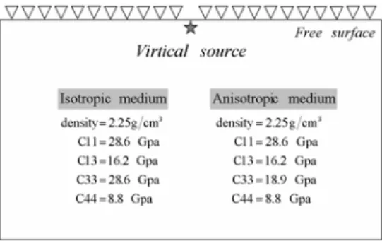 Fig. 4. The geometry of the semi-infinite homogeneous model used for comparison of numerical solutions computed by the cell-based finite-difference scheme in isotropic and anisotropic media.