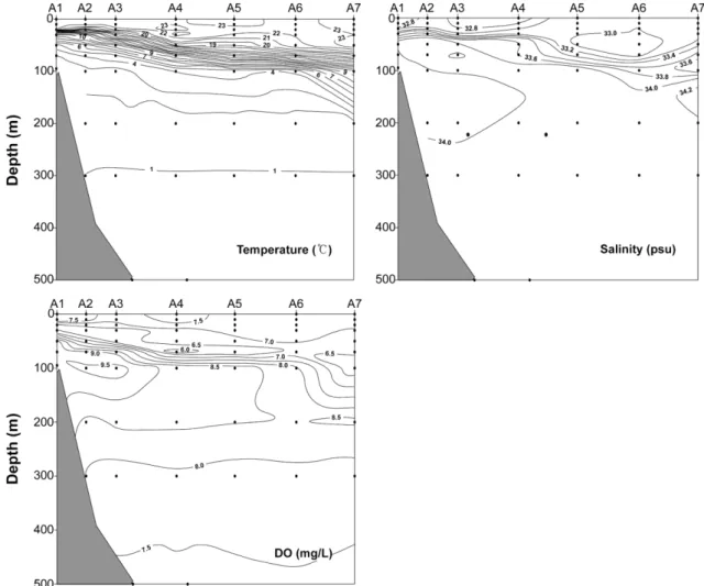 Fig. 2. Vertical cross sections of temperature, salinity and dissolved oxygen (DO) along the A line.