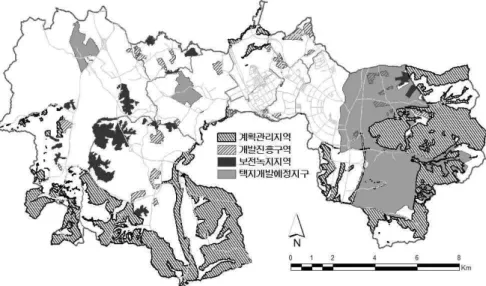 그림  2.  화성시  동부권  개발촉진형  및  개발억제형  용도지역지구  지정현황