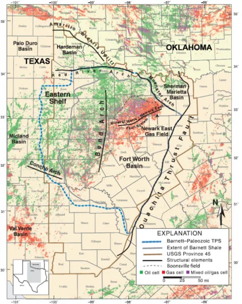 Fig. 1. Map showing location of the Forth Worth Basin, major structural elements, extent of Barnet Shale, and oil and gas wells (After Pollastro et al., 2007).